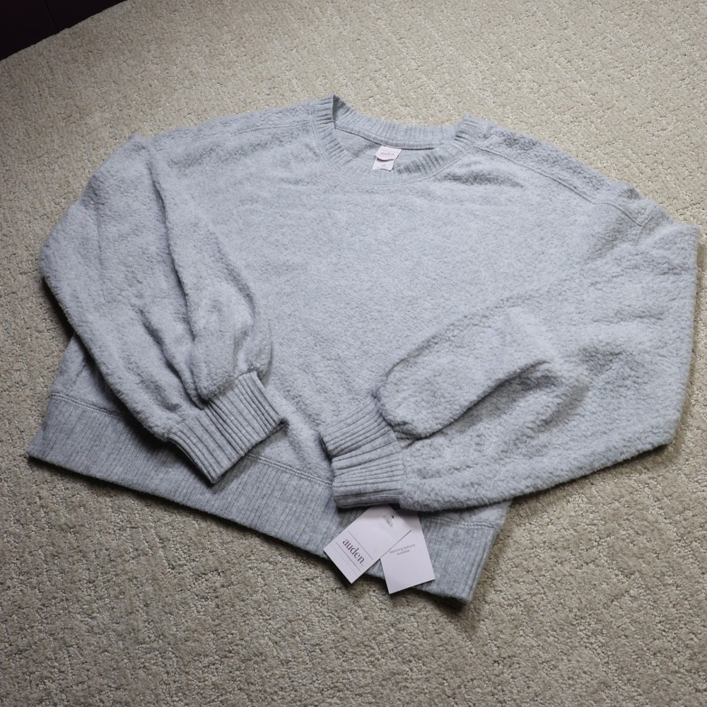 Auden Womens Heather Gray Textured Fleece Balloon Sleeve Sweatshirt XS NWT